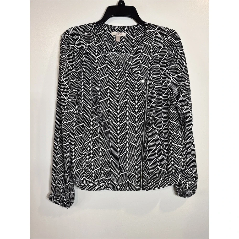 Roz & Ali Jacket Women's Medium M Black White Moto Blazer Geometric Long Sleeves